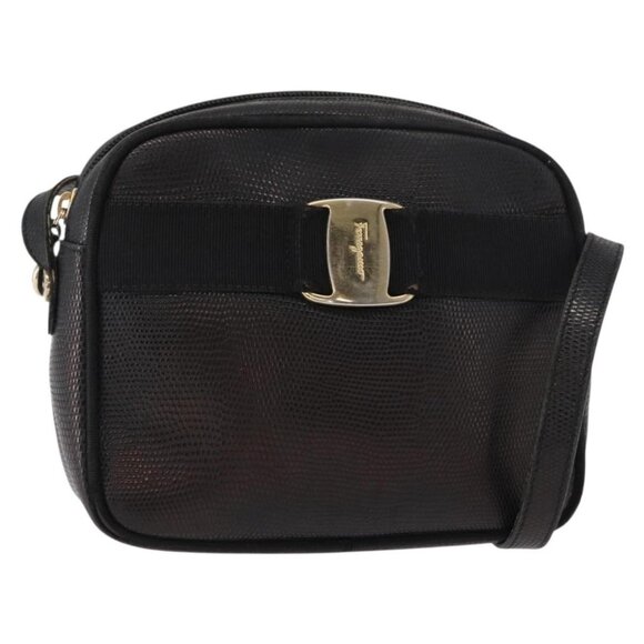 Authentic Salvatore Ferragamo Vala Shoulder Bag Leather Black Gold